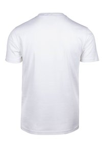 T-shirt bianco in cotone con scollatura rotonda e maniche corte, caratterizzato da una texture liscia e un design semplice e uniforme senza motivi.