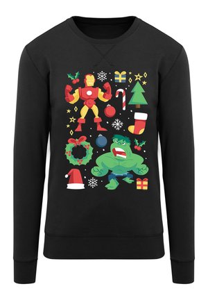 Sort sweatshirt med farverige tegneserieillustrationer af Iron Man og Hulk samt ferietemaede ikoner som gaver, stjerner og ornamenter.