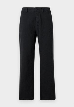 Schwarze Baumwollhose mit geradem Schnitt, ausgestattet mit einer einfachen vorderen Knopfverschluss und standardmäßigen Gürtelschlaufen. Glatte Textur.
