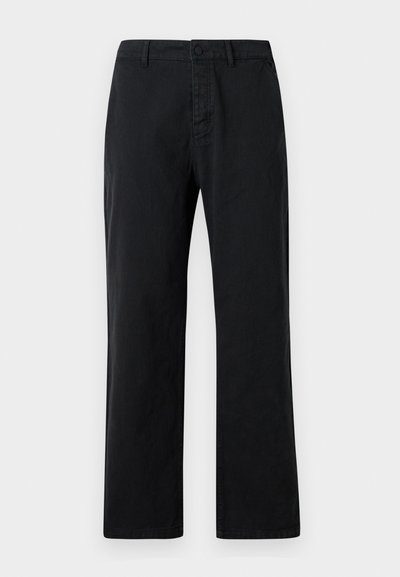 Black cotton trousers with a straight leg design, featuring a single front button closure and standard belt loops. Smooth texture.