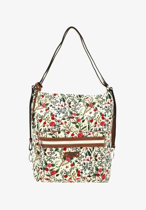 Sac d'épaule en tissu à motif floral avec des accents en cuir marron, poche avant zippée, bretelles réglables et forme rectangulaire structurée.