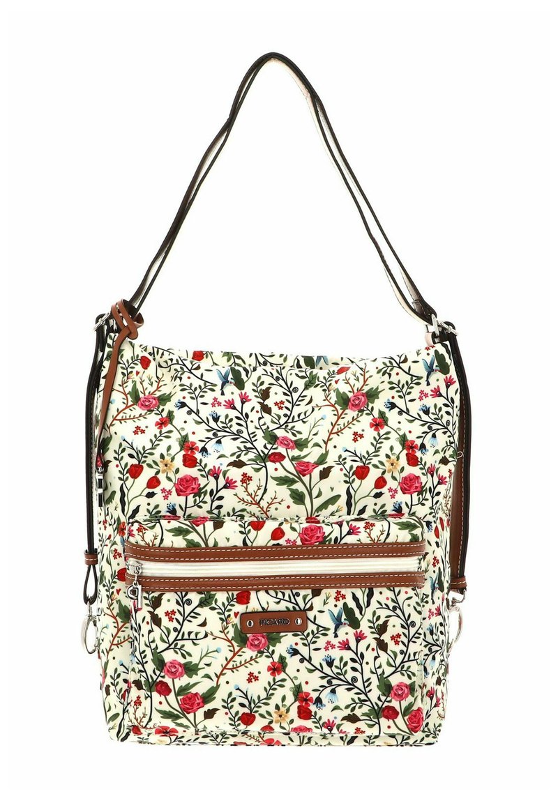 Sac d'épaule en tissu à motif floral avec des accents en cuir marron, poche avant zippée, bretelles réglables et forme rectangulaire structurée.