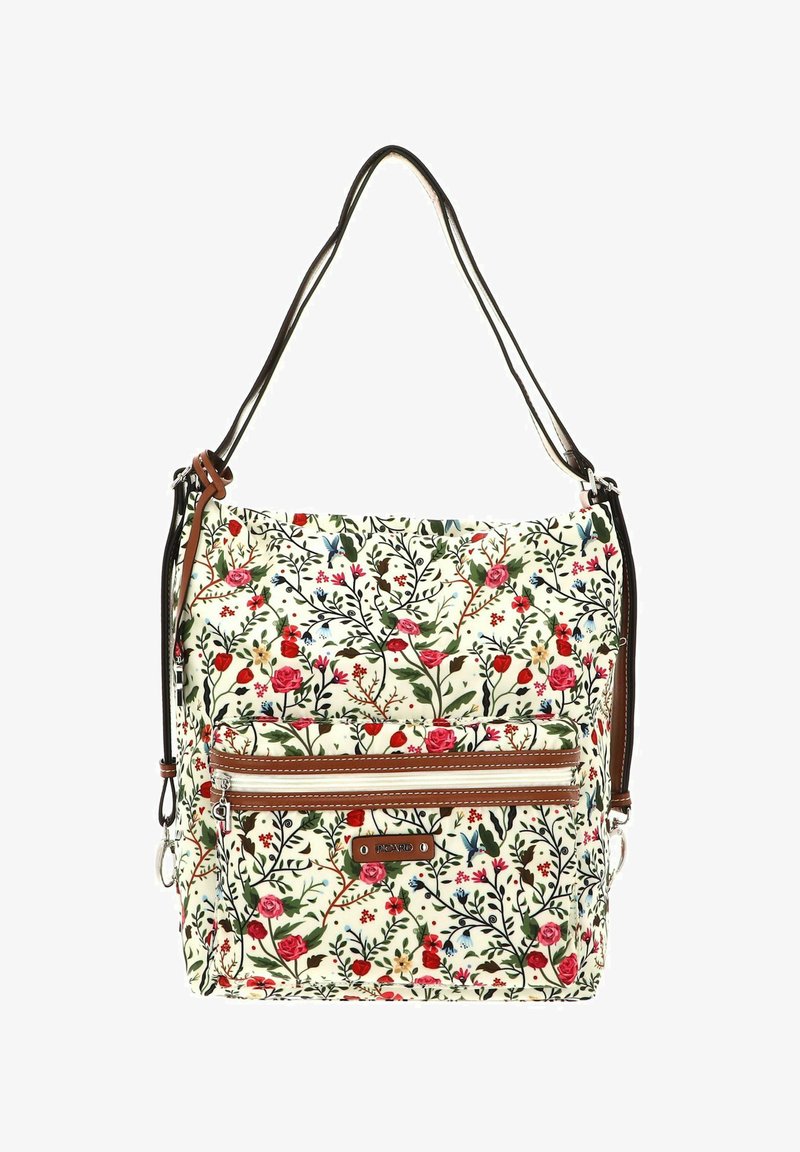 Sac d'épaule en tissu à motif floral avec des accents en cuir marron, poche avant zippée, bretelles réglables et forme rectangulaire structurée.