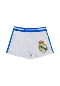 Szare bokserki z niebieską gumką w talii i bocznymi paskami, z napisem "Real Madrid" oraz logo klubu piłkarskiego Real Madryt z przodu po prawej stronie.
