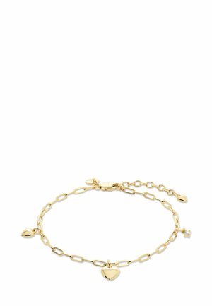 Gouden kettingarmband met hartvormige bedels en een kleine diamanten accent. De schakels zijn verlengd met een gestructureerde afwerking en een verstelbare sluiting.