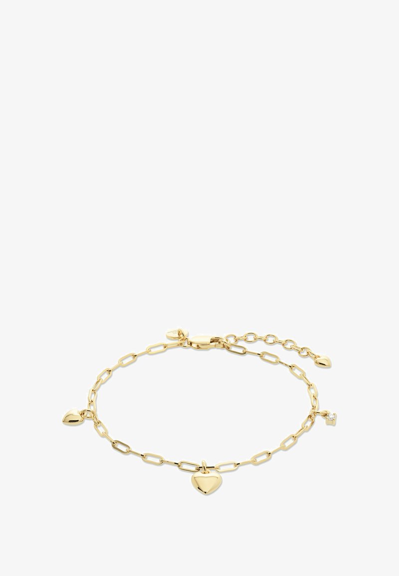 Goldene Kettenarmband mit herzförmigen Charms und einem kleinen Diamantakzent. Die Glieder sind verlängert mit einer strukturierten Oberfläche und einem verstellbaren Verschluss.