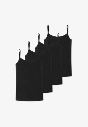 Quatre débardeurs noirs à bretelles spaghetti réglables, fabriqués en tissu doux, avec une texture lisse et un design simple, à coupe droite.