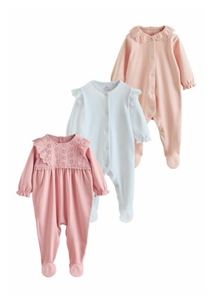 Három hosszú ujjú baba body rózsaszín és fehér színben, csipkés gallérral és fodros vállrészletekkel, elöl patentokkal.