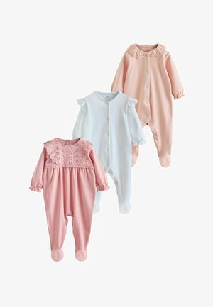Három hosszú ujjú baba body rózsaszín és fehér színben, csipkés gallérral és fodros vállrészletekkel, elöl patentokkal.