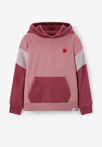 Sweatshirt à capuche rose clair et bordeaux avec une poche frontale, un design coloré et un logo rond rouge sur la poitrine. Texture douce et confortable.