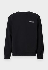 Black crew-neck sweatshirt made of cotton blend, featuring a small white logo on the left chest and textured ribbed cuffs and hem.