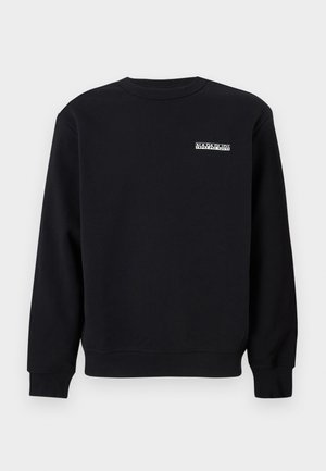 Black crew-neck sweatshirt made of cotton blend, featuring a small white logo on the left chest and textured ribbed cuffs and hem.