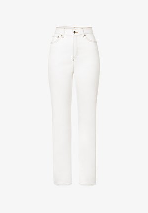 Witte high-waisted jeans van denim, met een rechte pijp, vijf zakken en accenten in goudkleurige hardware.