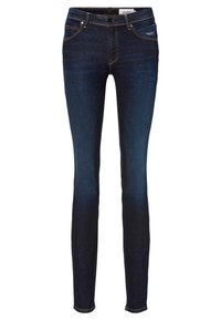 Jeans ajustados de denim azul oscuro, con una cintura de altura media, diseño de cinco bolsillos, ligero desgastado en los muslos y costuras en contraste.