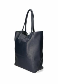 Borsa tote in pelle navy con texture liscia, design minimalista, forma morbida e strutturata, e due lunghe maniglie. Nessun hardware o dettaglio visibile.