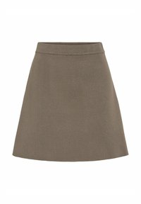 Jupe A-line kaki en tissu tricoté côtelé avec une taille lisse et un ourlet évasé. Caractérisée par une couleur unie et un design minimaliste.