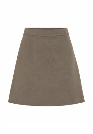 Jupe A-line kaki en tissu tricoté côtelé avec une taille lisse et un ourlet évasé. Caractérisée par une couleur unie et un design minimaliste.