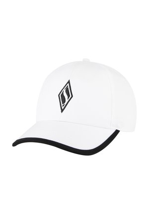 White cap with a rounded crown, black accent trim, and an embroidered diamond logo on the front. Made from lightweight fabric.