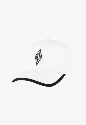 White cap with a rounded crown, black accent trim, and an embroidered diamond logo on the front. Made from lightweight fabric.