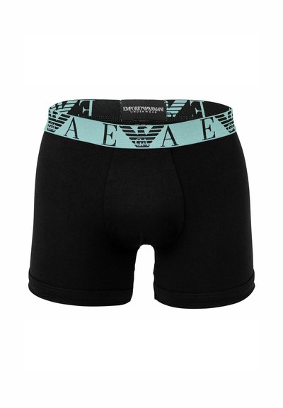 Schwarze Boxer-Slips mit elastischem Bund, der mit türkisfarbenen Logodetails verziert ist, einem körpernahen Design und einer weichen Textur.