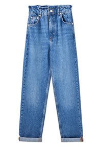 Jean bleu clair taille haute, en denim, avec une coupe droite, des coutures visibles et des revers aux chevilles.