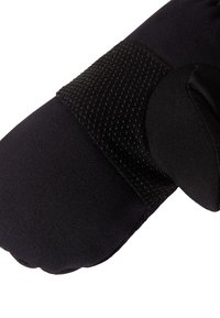 Black thermal glove featuring smooth fabric with textured grip accents and a snug fit cuff for warmth and comfort during outdoor activities.