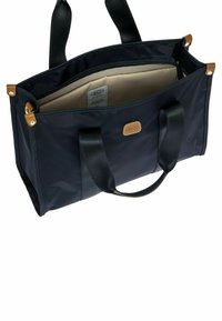 Borsa tote in nylon blu navy con dettagli in pelle, forma strutturata, doppio manico e fodera interna beige. Presenta un'apertura superiore con un ampio scomparto.