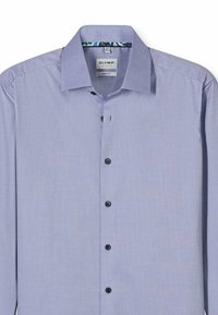 Light purple button-up shirt made of textured fabric, featuring a classic collar and black buttons, with a patterned inner collar lining.