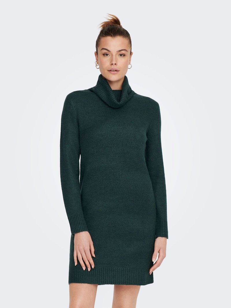 Femme debout portant une robe en maille à col roulé et manches longues, de couleur vert foncé, les cheveux attachés, sur un fond clair uni.