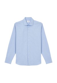 Camicia button-up a maniche lunghe azzurro chiaro realizzata in cotone. Presenta un colletto classico, una chiusura frontale con bottoni e polsini standard.