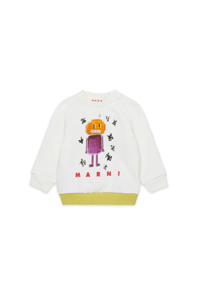 Vit sweatshirt med grafisk robotdesign i orange och lila, med grön ribbad nederkant och röd "MARNI"-text. Mjuk bomullsmaterial.