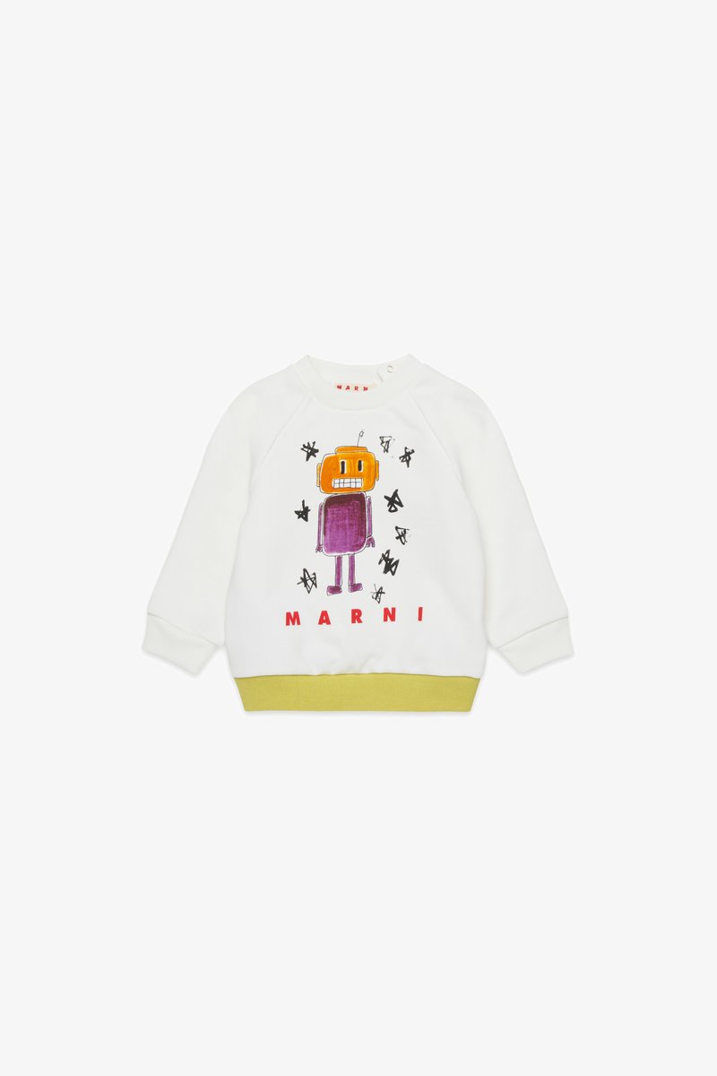 Sweatshirt blanc avec un design de robot graphique en orange et violet, présentant un ourlet en côtes vertes et le texte "MARNI" en rouge. Matière en coton doux.