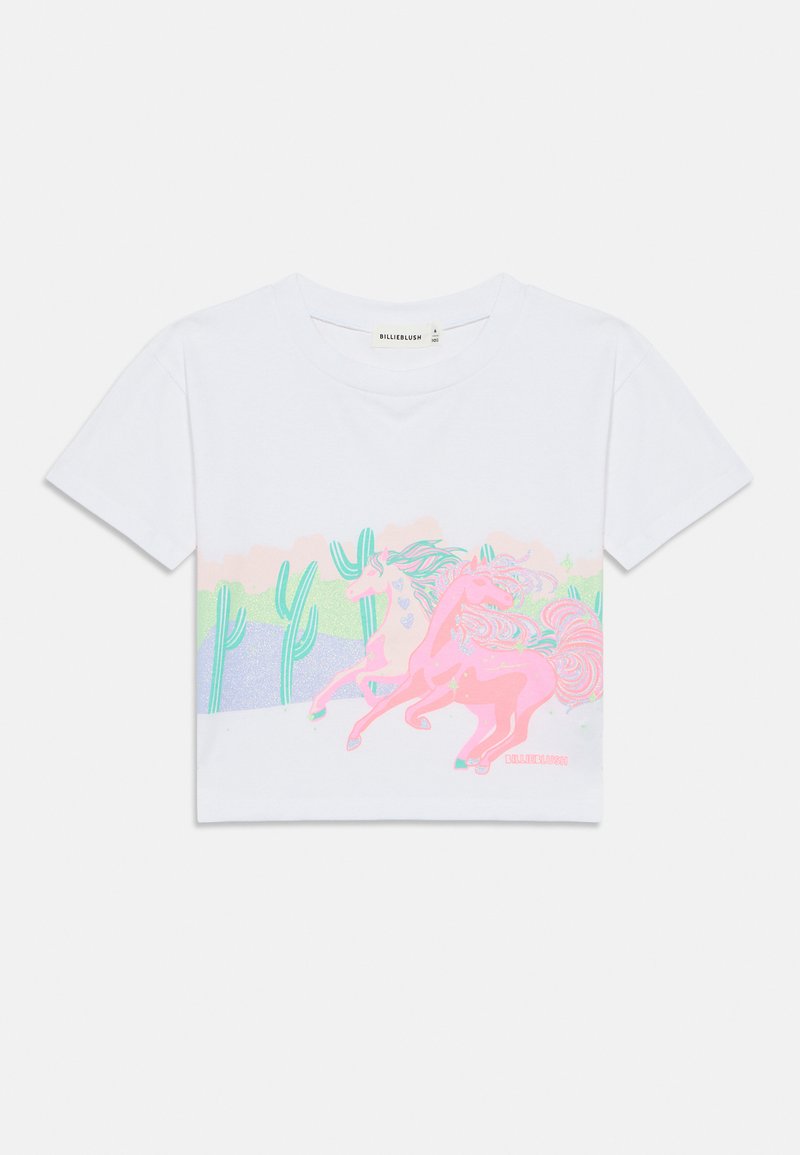 Λευκό βαμβακερό t-shirt με κοντό σχεδιασμό. Διαθέτει ροζ εκτύπωση με μονόκερο, παστέλ κάκτους και λαμπερά στοιχεία στο φόντο.