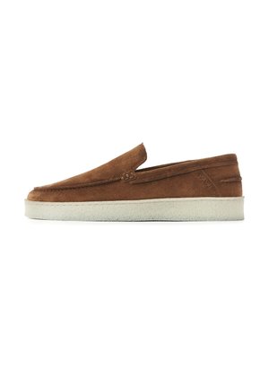 Brown suede slip-on shoe with white rubber sole, visible stitching, and subtle side branding on a plain white background.
