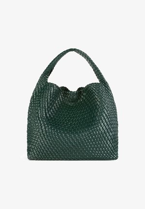 Dark green woven leather handbag with a single braided handle, soft slouchy shape, and diamond pattern weaving.