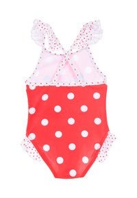 Rode badpak met witte stippen, gerimpelde schouderbandjes en witte afwerking. Kruisbandontwerp en gerimpelde beenopeningen.