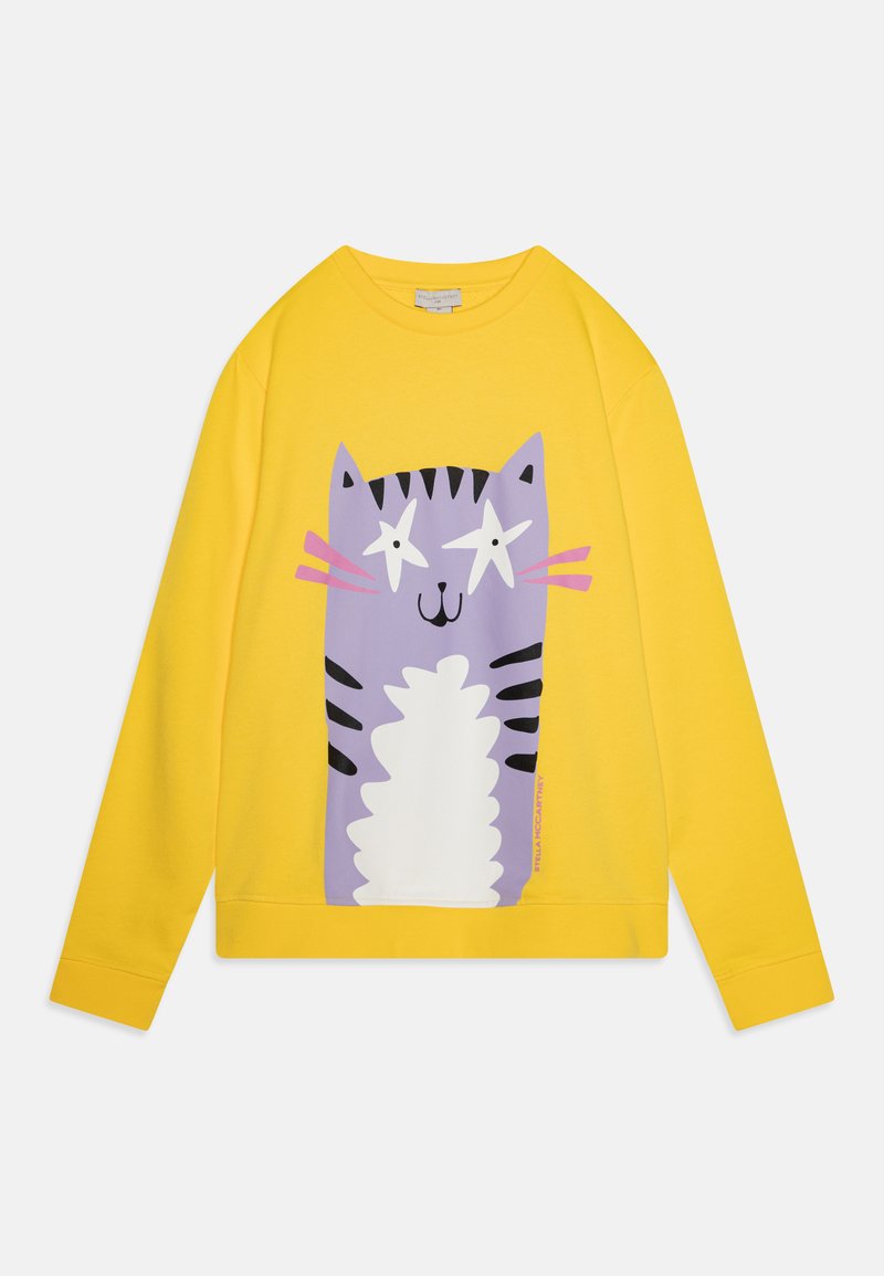 Yellow sweatshirt featuring a large graphic of a purple cat with black stripes, white fur, and pink whiskers on the front.