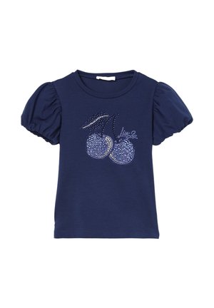 Camicia blu navy a maniche corte con maniche a sbuffo, con motivo di ciliegia in strass sul davanti.