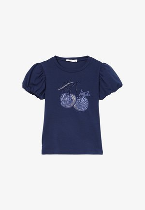 Camicia blu navy a maniche corte con maniche a sbuffo, con motivo di ciliegia in strass sul davanti.