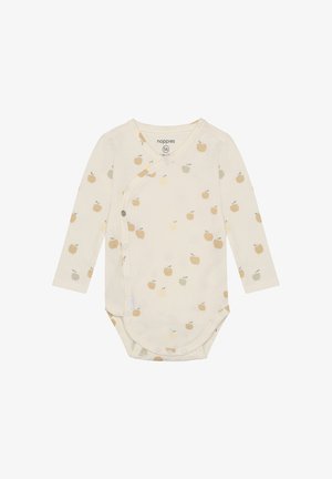 Crèmekleurig baby-rompertje met lange mouwen, drukknoopsluiting aan de voorkant en een klein appelmotief in gedempte geel- en groentinten.