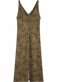 Robe marron sans manches avec un décolleté en V, de forme droite, présentant une texture subtile et un motif de petits points noirs dispersés.