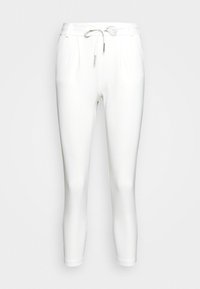 Bílé, slim-fit kalhoty s elastickým pasem na šňůrku a kovovými akcenty. Hladká textura, přizpůsobený střih a žádné viditelné vzory.