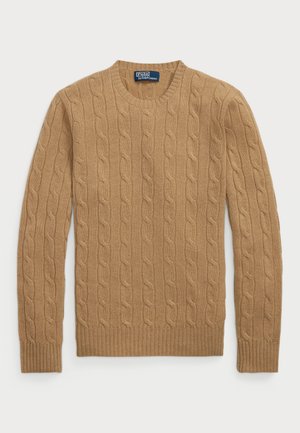 Suéter de punto trenzado en color camello, con cuello redondo, puños y dobladillo acanalados, y patrón texturizado en toda la prenda.