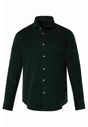 Camicia in corduroy verde scuro con maniche lunghe, colletto appuntito e bottoni beige lungo la parte frontale. Texture liscia con design a vestibilitàSlim.