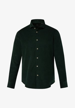 Donkergroene corduroy blouse met lange mouwen, een puntige kraag en beige knopen aan de voorkant. Glad textiel met een getailleerd ontwerp.