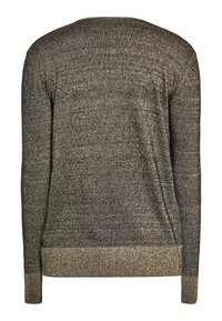 Maglione in maglia metallica con scollo rotondo, maniche lunghe e orlo a coste. Colore principale grigio scuro con dettagli dorati.