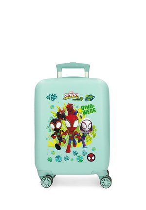 Maleta turquesa tamaño infantil con cuatro ruedas, con personajes de dibujos animados y logotipos de dinosaurios de Marvel Spidey y amigos.