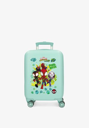 Maleta turquesa tamaño infantil con cuatro ruedas, con personajes de dibujos animados y logotipos de dinosaurios de Marvel Spidey y amigos.
