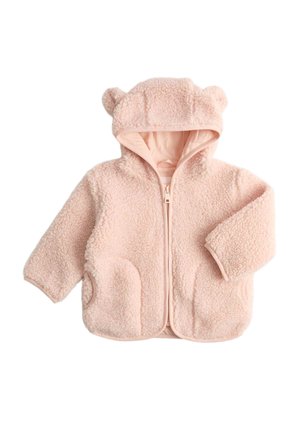 Weiche rosa Baby-Fleecejacke mit Frontreißverschluss, zwei Taschen und Kapuze mit kleinen Bärenohren.