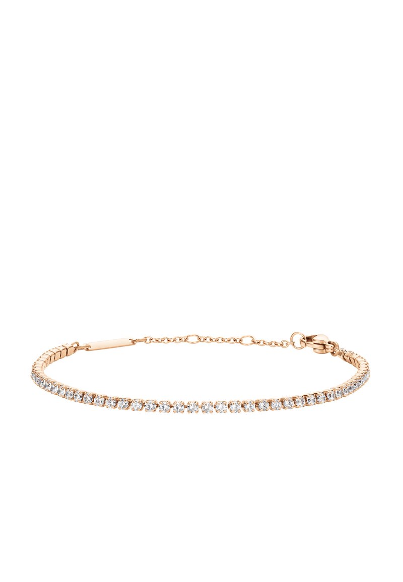 Zapestnica v rožnato zlato s tanko verigo, ki ima vrsto prozornih, sijočih draguljev spredaj. Zaponka v obliki raka za varen zapir.